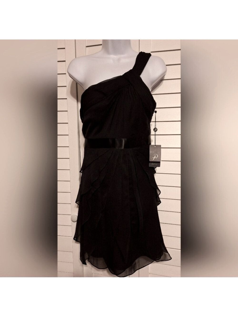 Adrianna Papell black draped one shoulder flutter dress Sz XS ptp 14" ruffle NWT